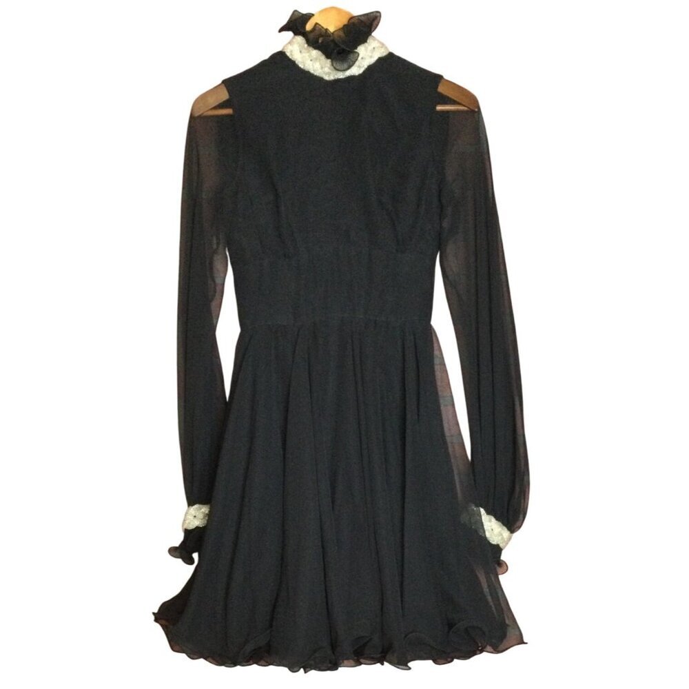 Vintage Lillie Rubin Black Sheer Long Sleeve Dress Beaded Trim Ruffled Collar Si